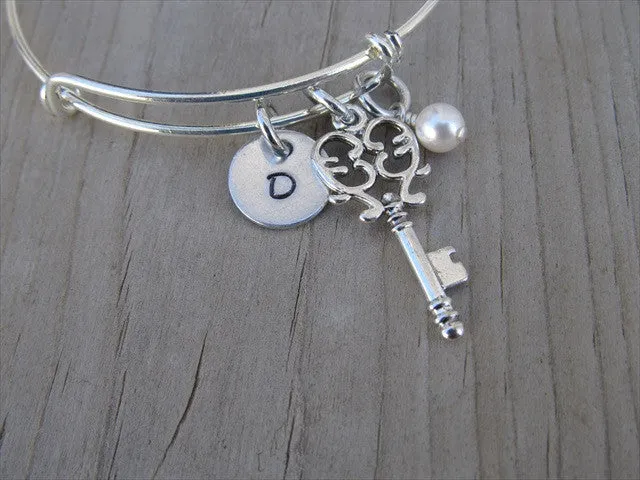 Key Charm Bracelet- Adjustable Bangle Bracelet with an Initial Charm and an Accent Bead of your choice