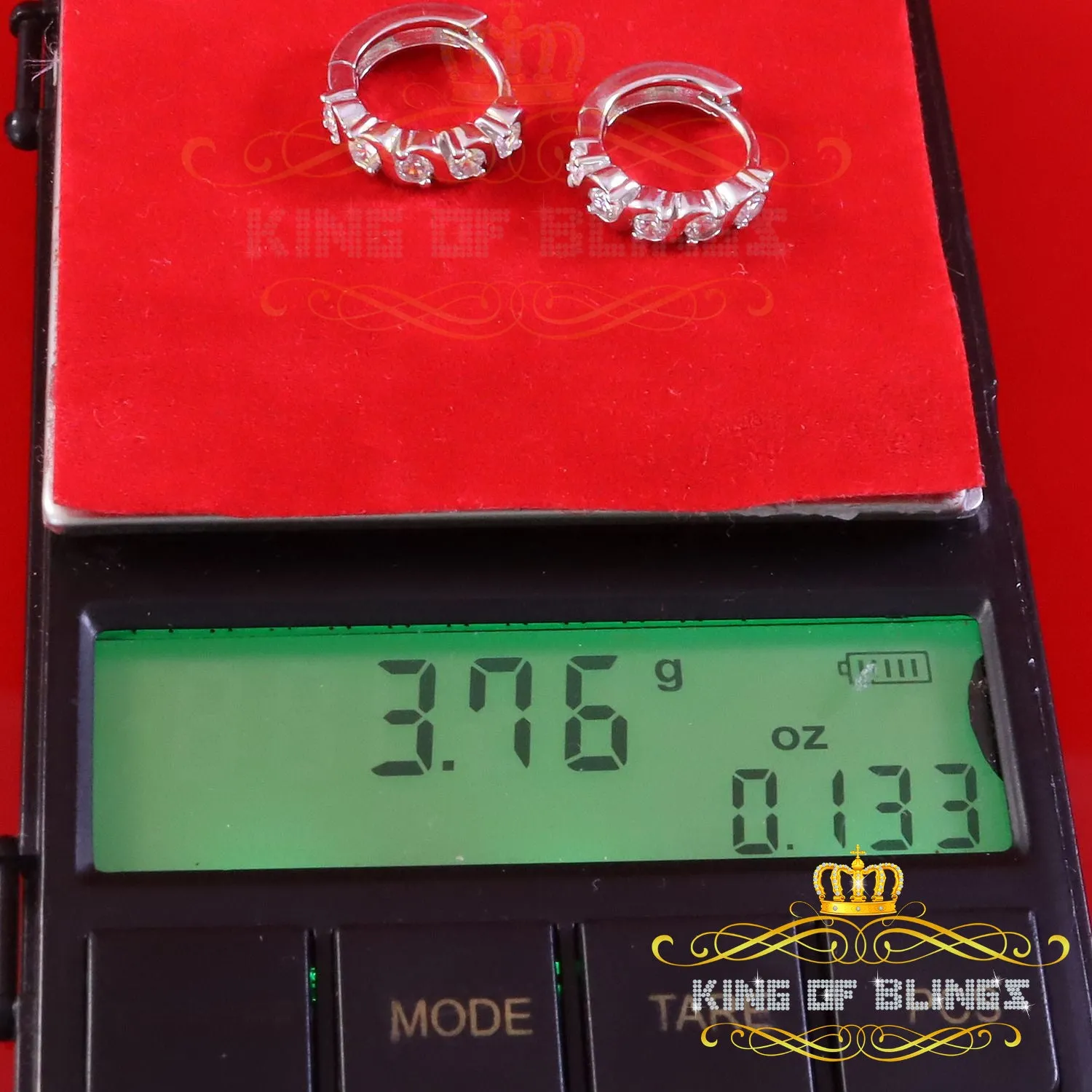 King of Bling's 925 White Silver Cubic Zirconia Hip Hop Women's & Men's Huggie Hoop Earrings