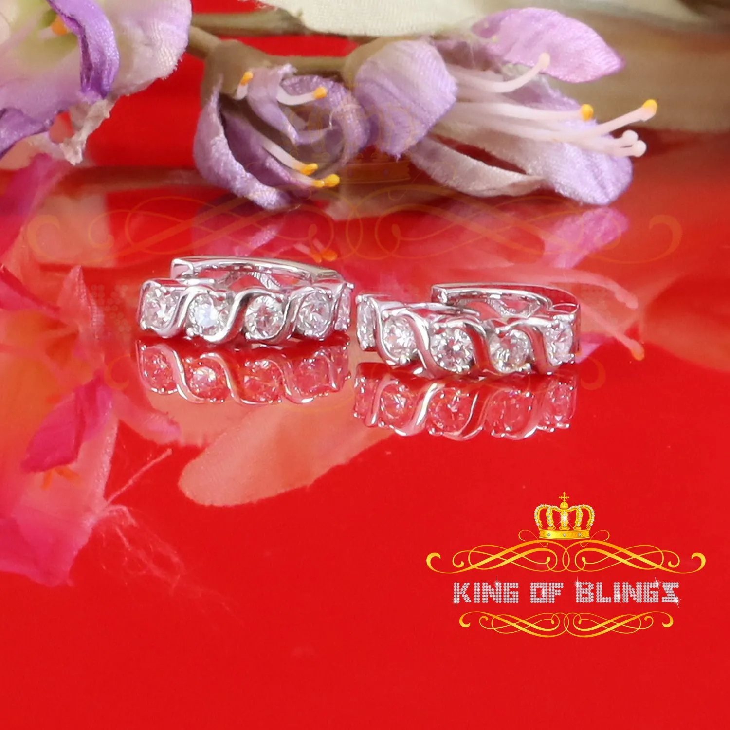 King of Bling's 925 White Silver Cubic Zirconia Hip Hop Women's & Men's Huggie Hoop Earrings