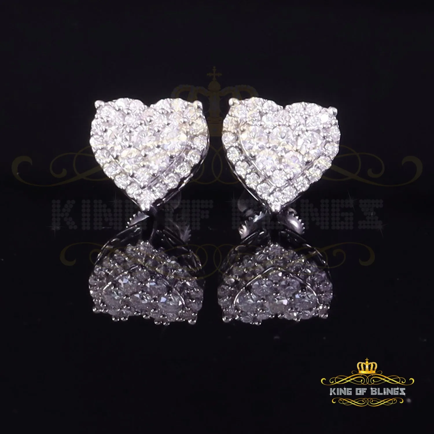 King of Bling's Men's/Womens 925 Silver White 1.25ct VVS 'D' Moissanite 3D Heart Stud Earrings