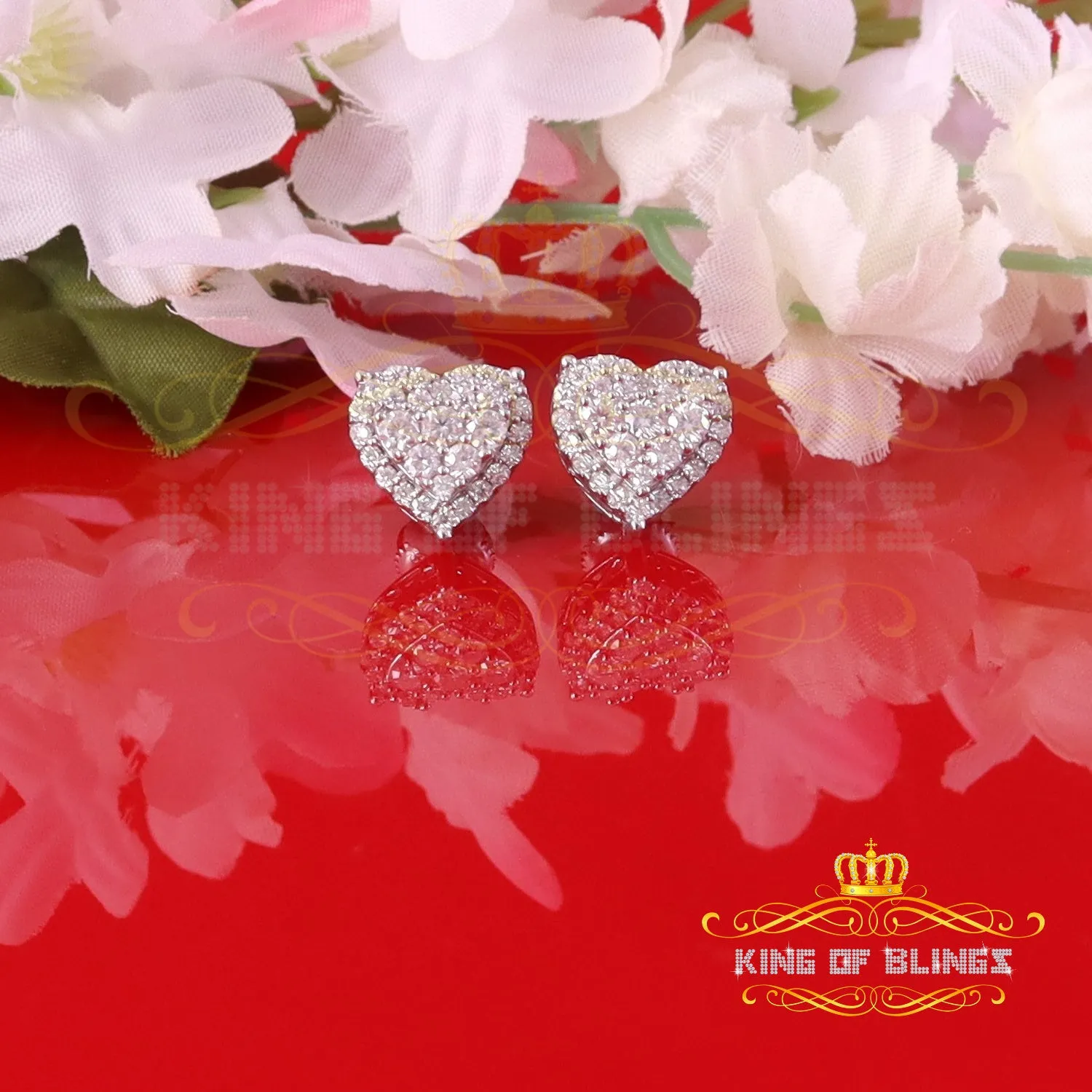 King of Bling's Men's/Womens 925 Silver White 1.25ct VVS 'D' Moissanite 3D Heart Stud Earrings