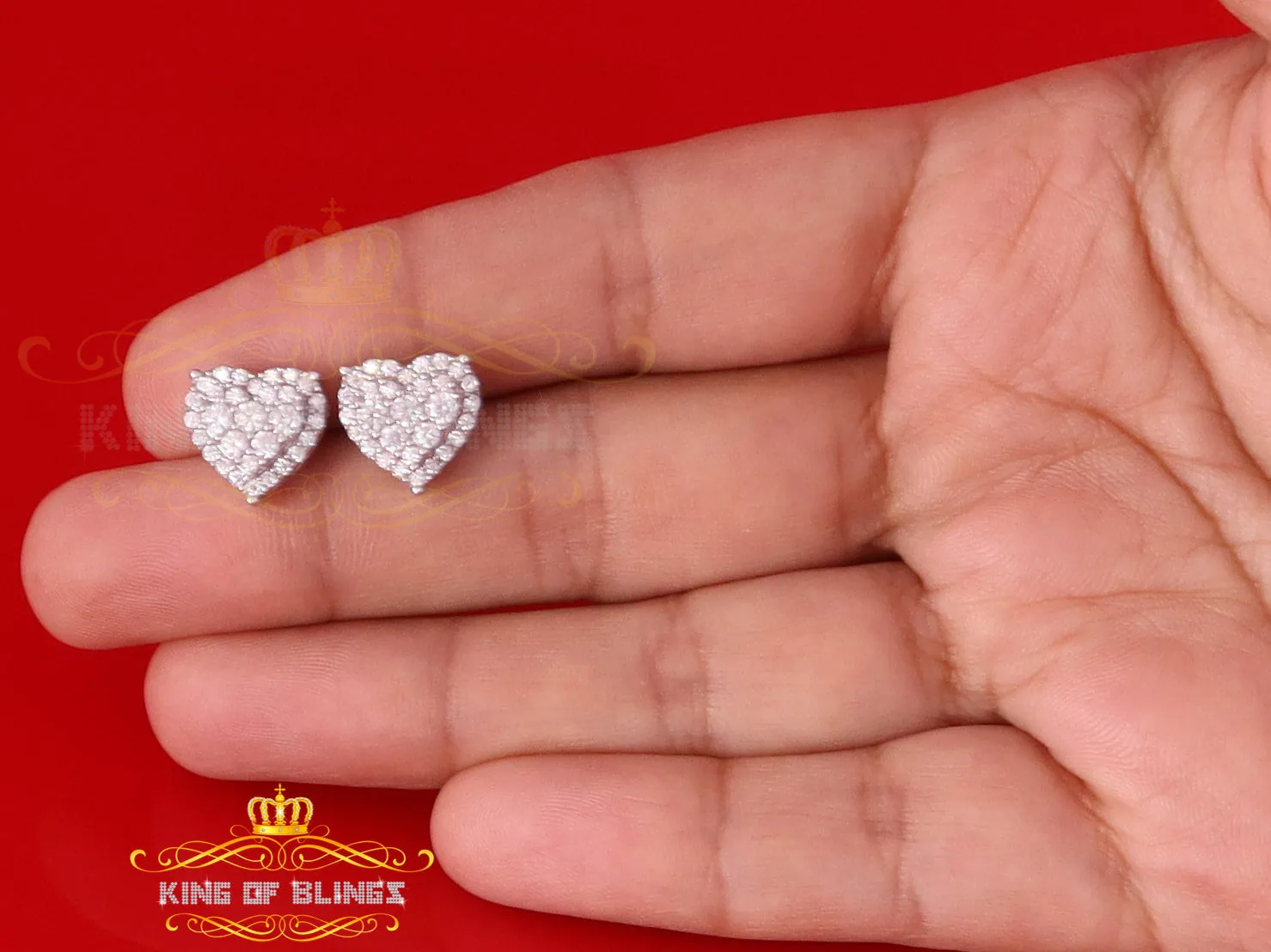 King of Bling's Men's/Womens 925 Silver White 1.25ct VVS 'D' Moissanite 3D Heart Stud Earrings