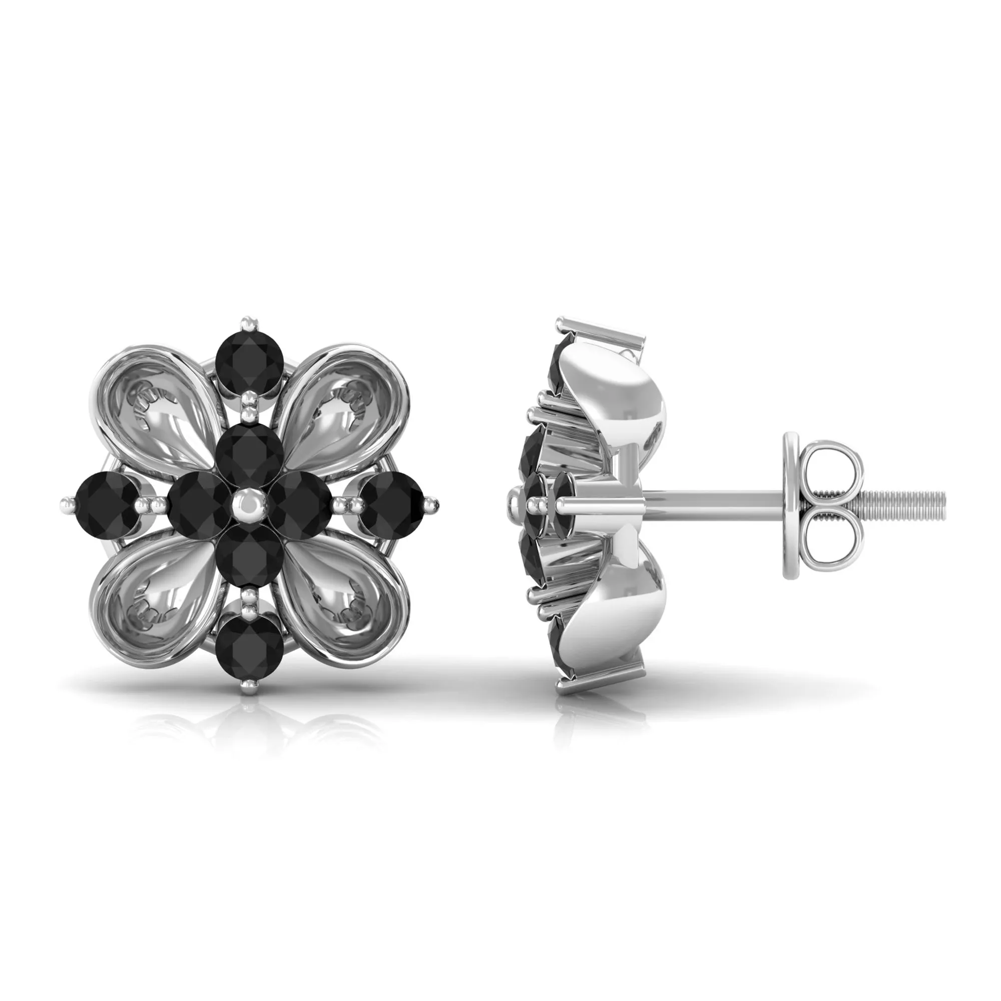 Lab Grown Black Diamond Cluster Floral Stud Earrings