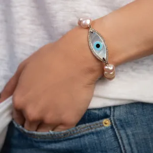 Large Marquise Evil Eye Diamond Pearl Bracelet
