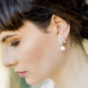 Leaf, Silver Sparkling Pearl Drop Earrings