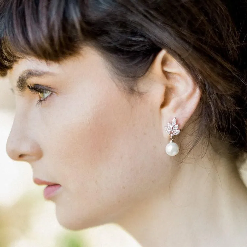 Leaf, Silver Sparkling Pearl Drop Earrings