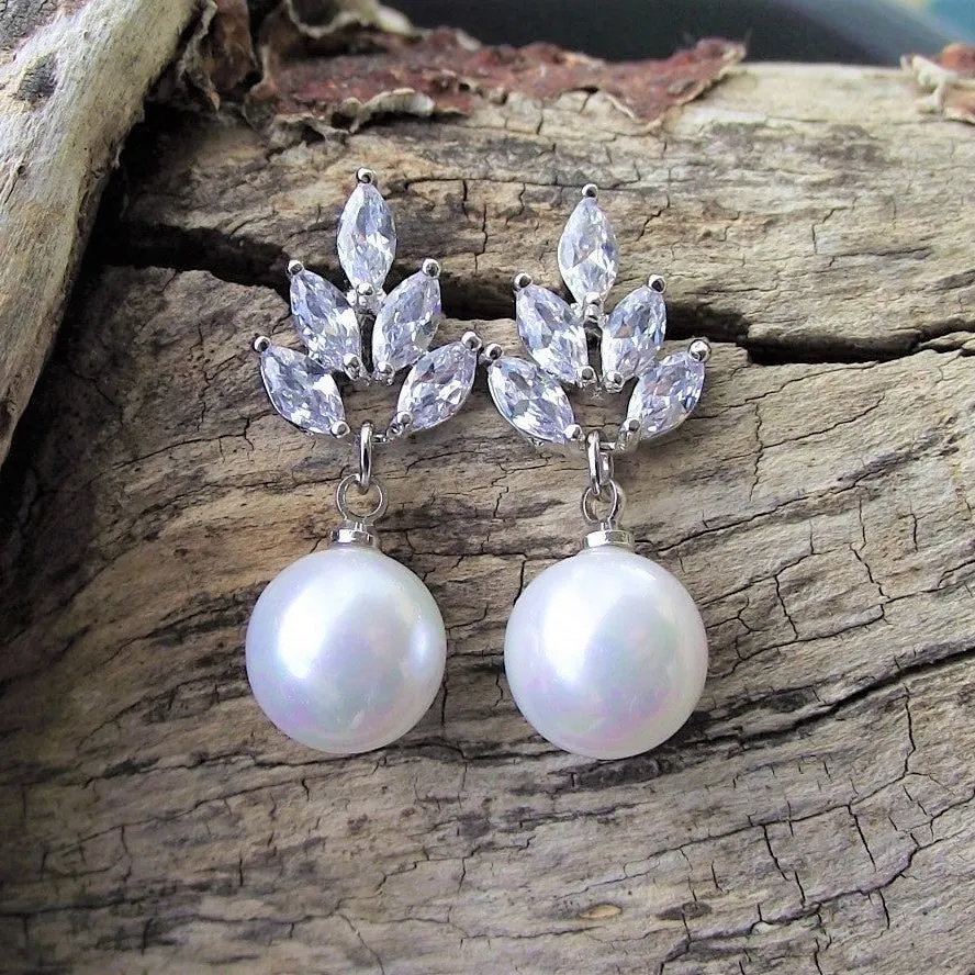 Leaf, Silver Sparkling Pearl Drop Earrings