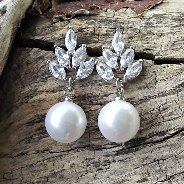 Leaf, Silver Sparkling Pearl Drop Earrings