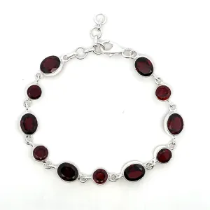 Link Style Colored Stone Bracelet Sterling Silver White With Garnet Mozambiques & Garnet Mozambiques 8" Long