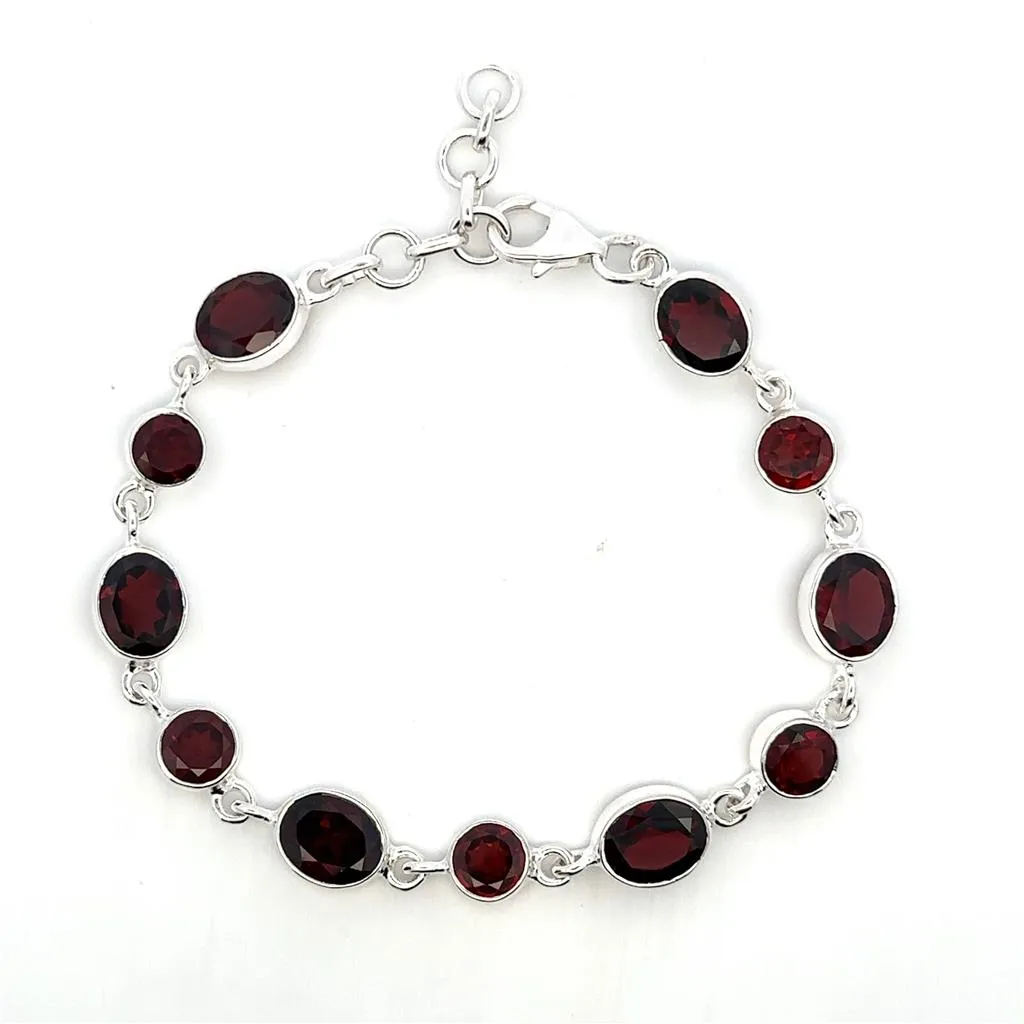 Link Style Colored Stone Bracelet Sterling Silver White With Garnet Mozambiques & Garnet Mozambiques 8" Long