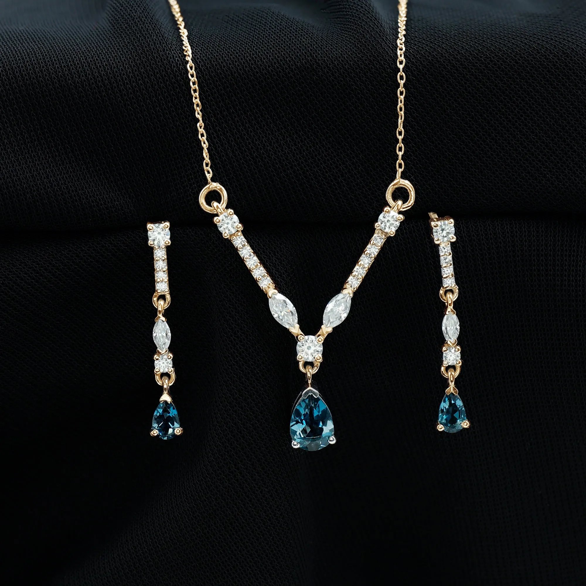 London Blue Topaz and Moissanite Drop Necklace Earrings Set