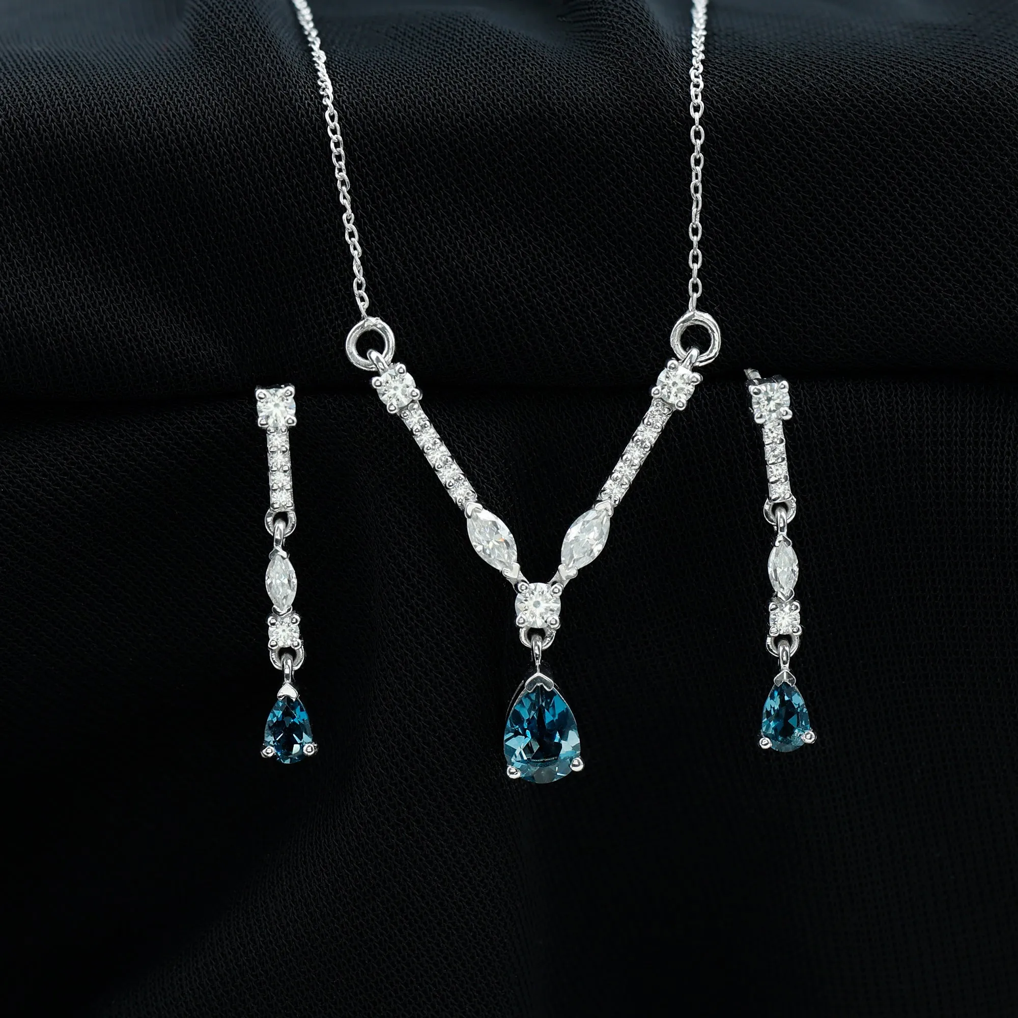 London Blue Topaz and Moissanite Drop Necklace Earrings Set