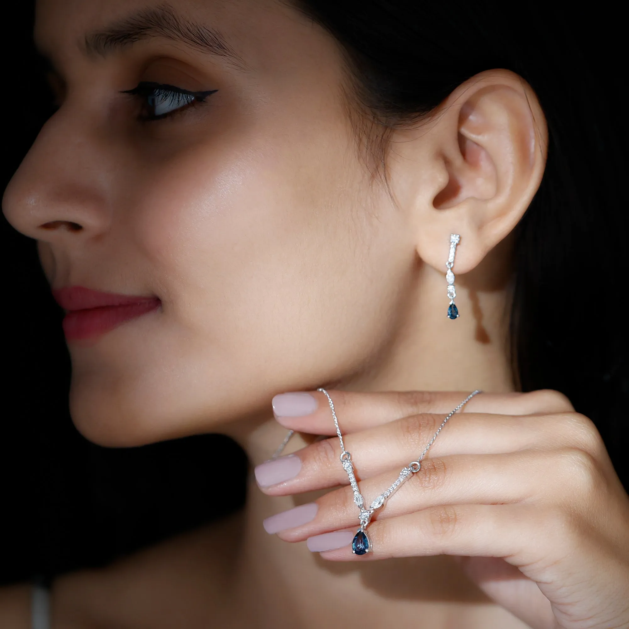 London Blue Topaz and Moissanite Drop Necklace Earrings Set