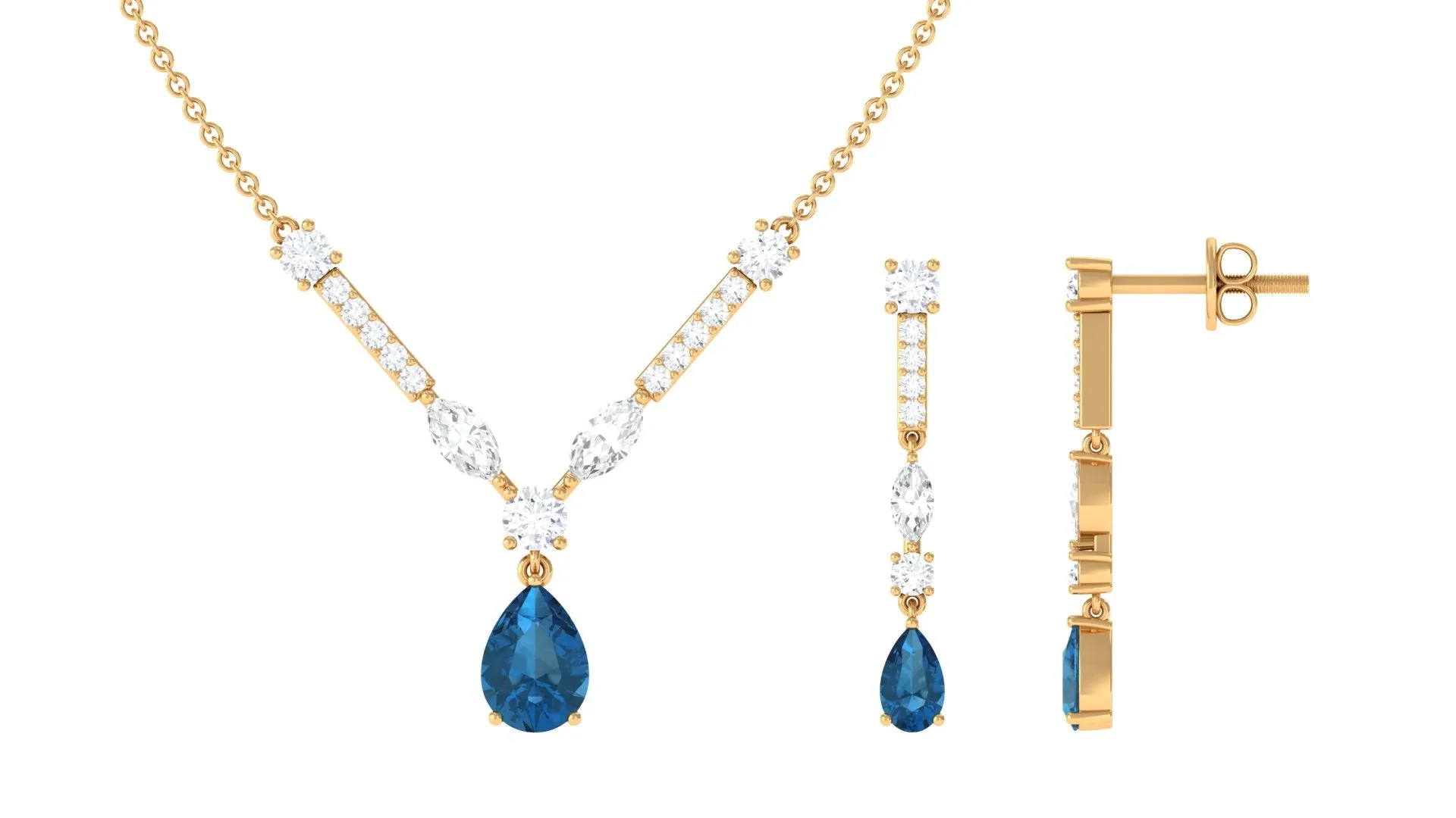 London Blue Topaz and Moissanite Drop Necklace Earrings Set