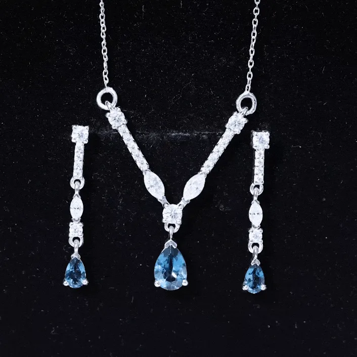 London Blue Topaz and Moissanite Drop Necklace Earrings Set