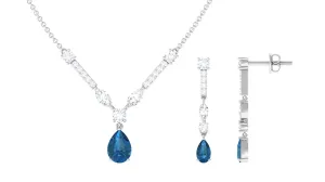 London Blue Topaz and Moissanite Drop Necklace Earrings Set