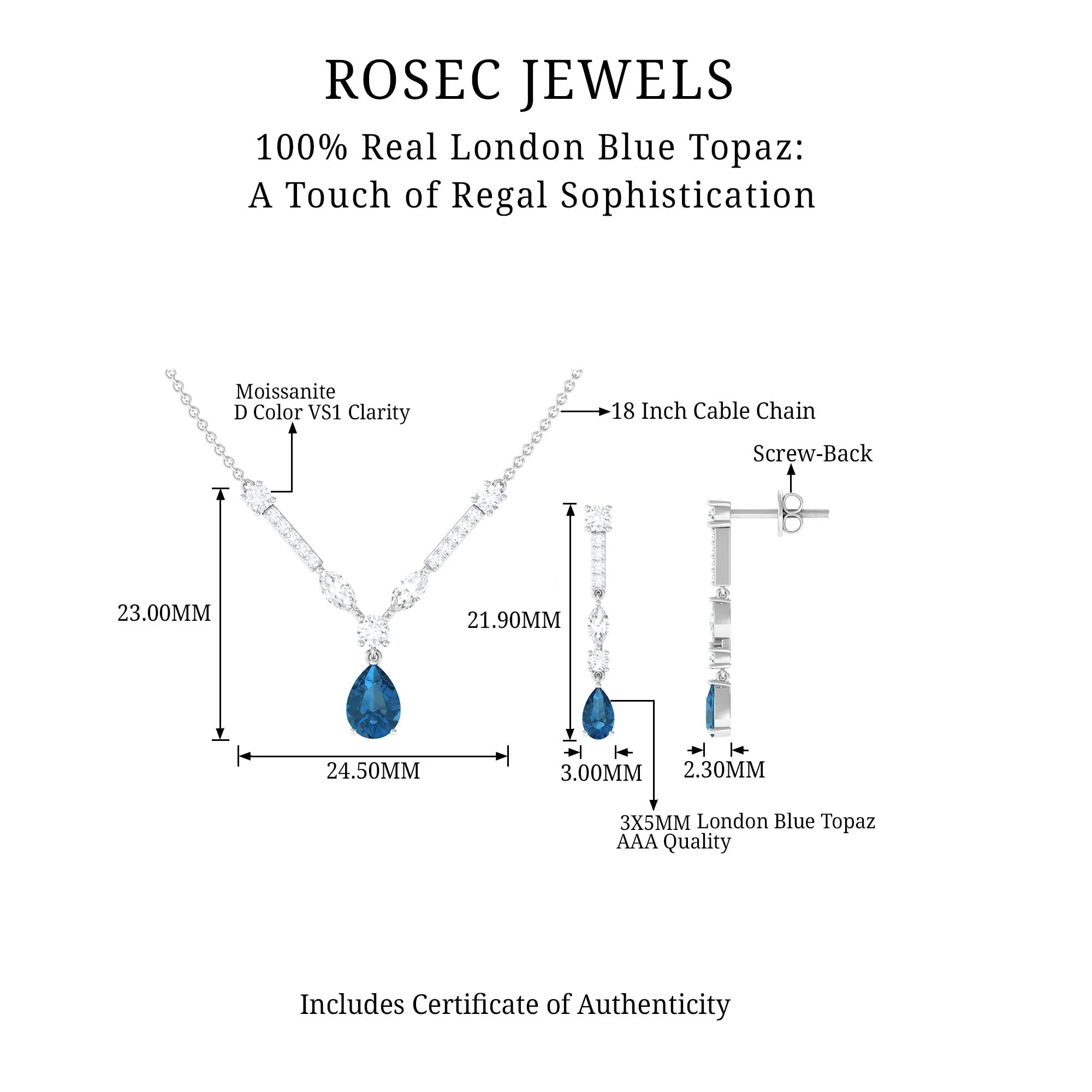 London Blue Topaz and Moissanite Drop Necklace Earrings Set