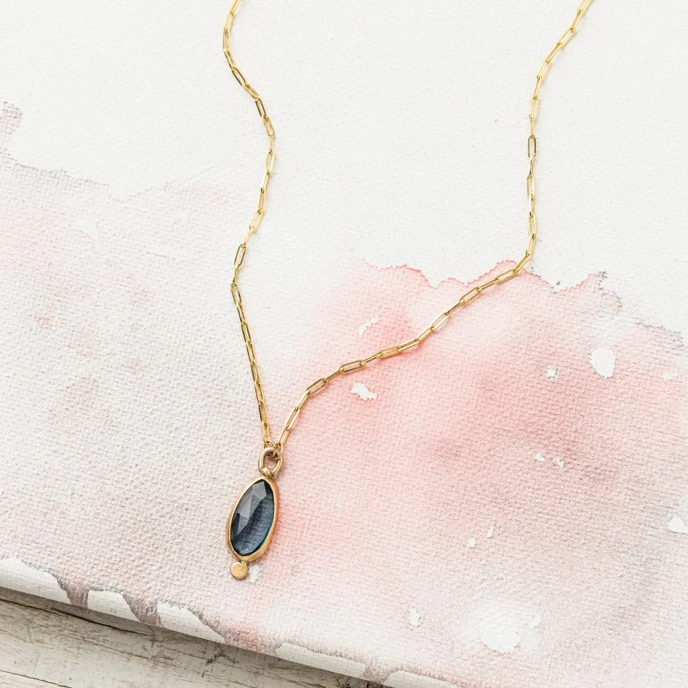 London Blue Topaz Necklace on Paperclip Chain in 14k Gold