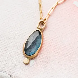 London Blue Topaz Necklace on Paperclip Chain in 14k Gold