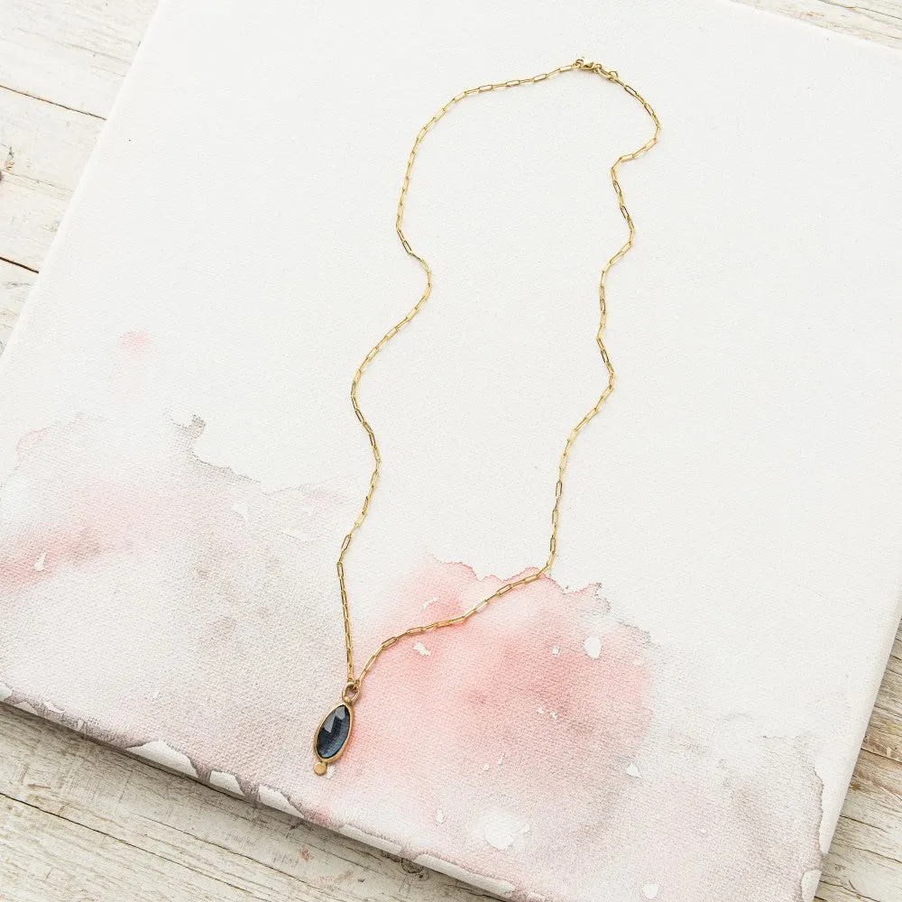 London Blue Topaz Necklace on Paperclip Chain in 14k Gold