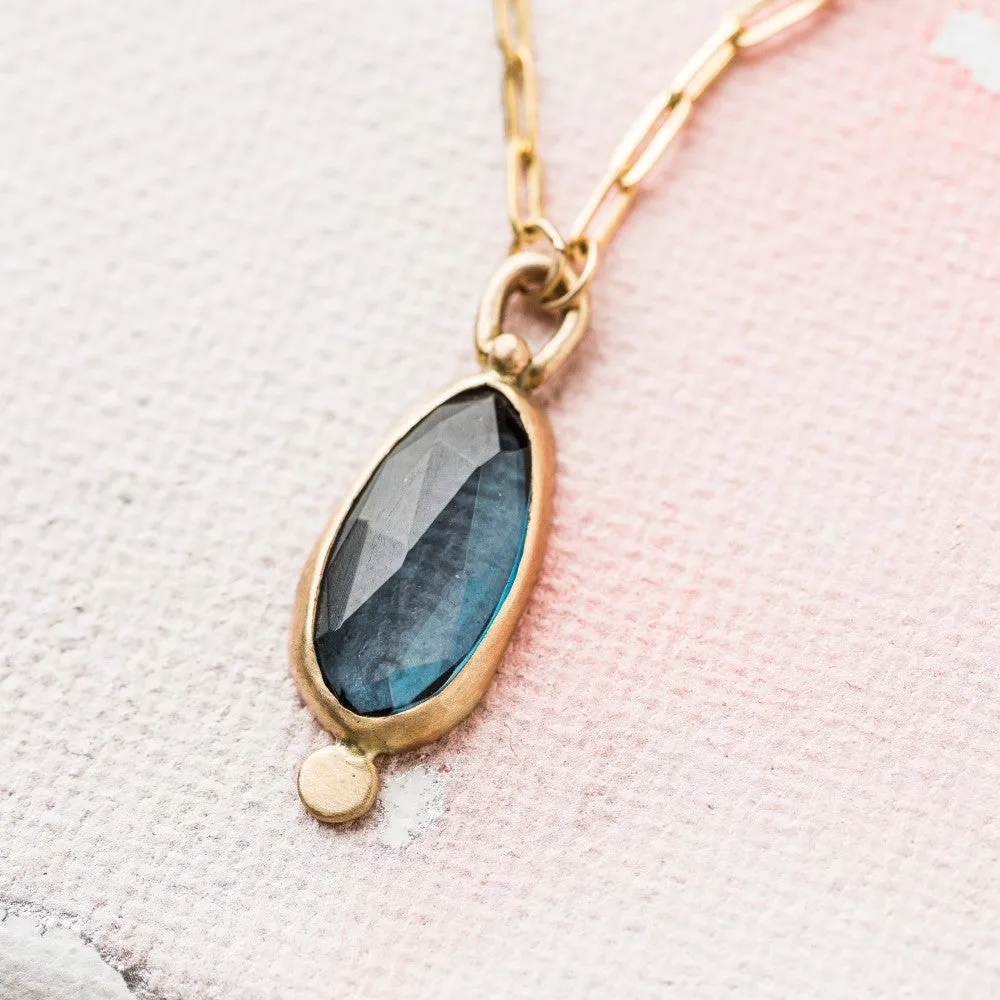 London Blue Topaz Necklace on Paperclip Chain in 14k Gold