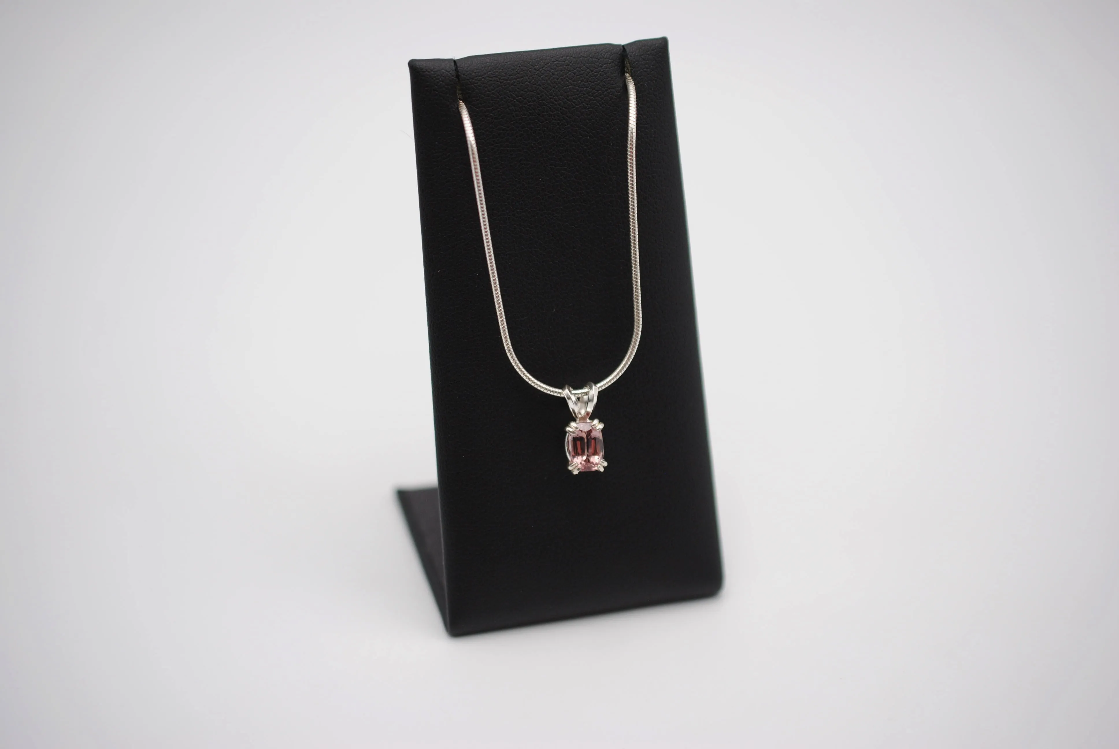 Malaia Garnet Necklace: Emerald Cut, Silver Setting, Snake Chain