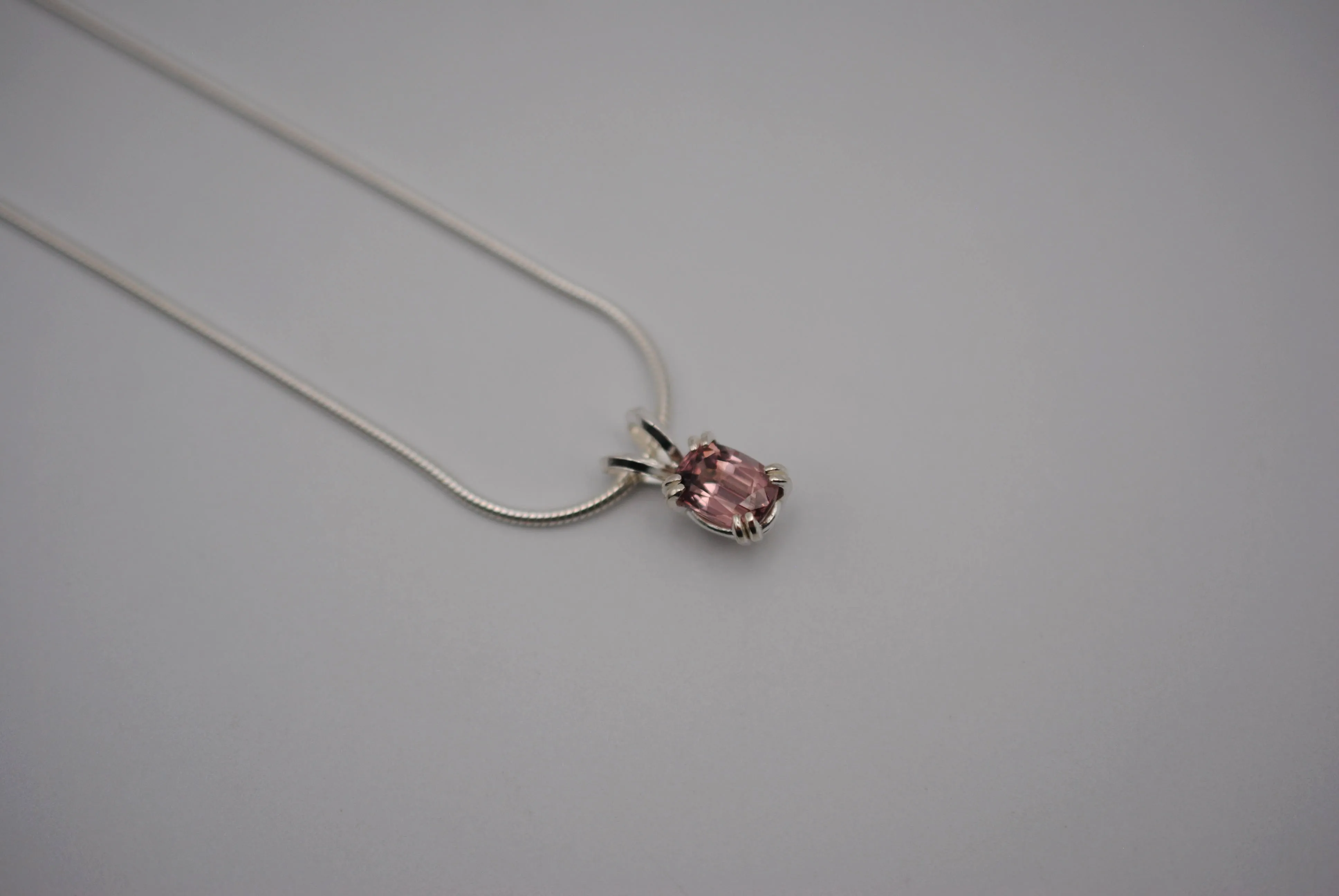 Malaia Garnet Necklace: Emerald Cut, Silver Setting, Snake Chain