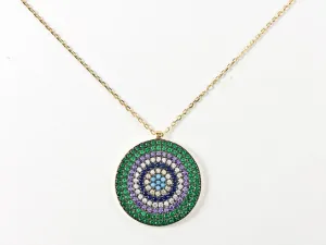 Modern Multi Row & Color Micro CZ Stones Circular Disc Gold Tone Silver Necklace