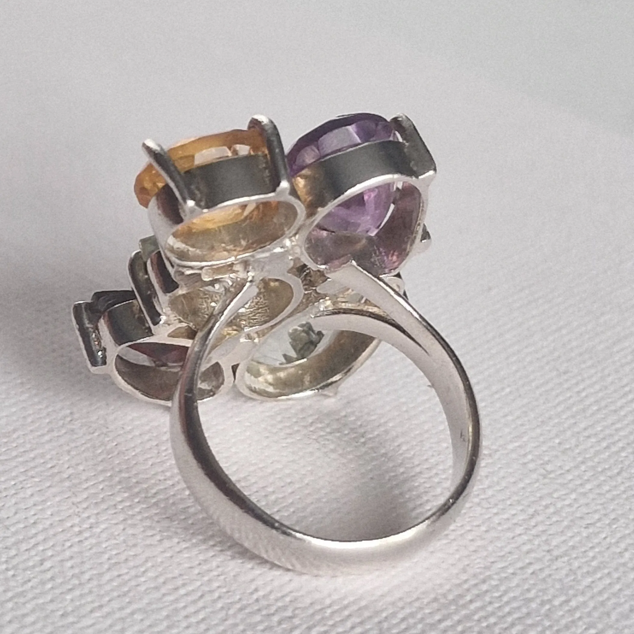 Multi Gemstone Cocktail Silver Sterling Ring Quarts Garnet Amethyst