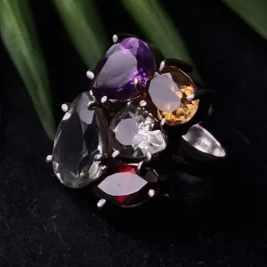 Multi Gemstone Cocktail Silver Sterling Ring Quarts Garnet Amethyst