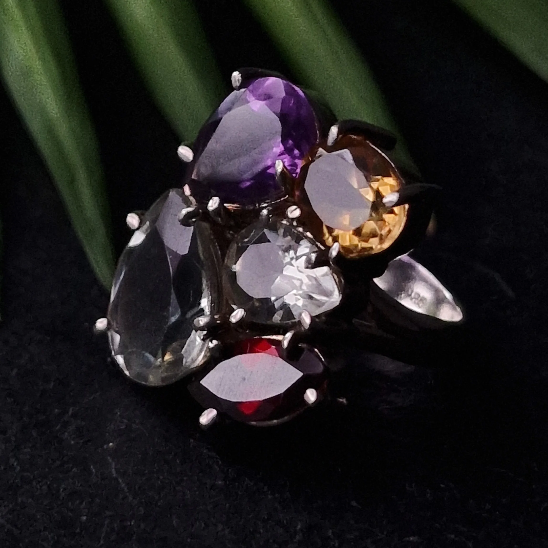 Multi Gemstone Cocktail Silver Sterling Ring Quarts Garnet Amethyst