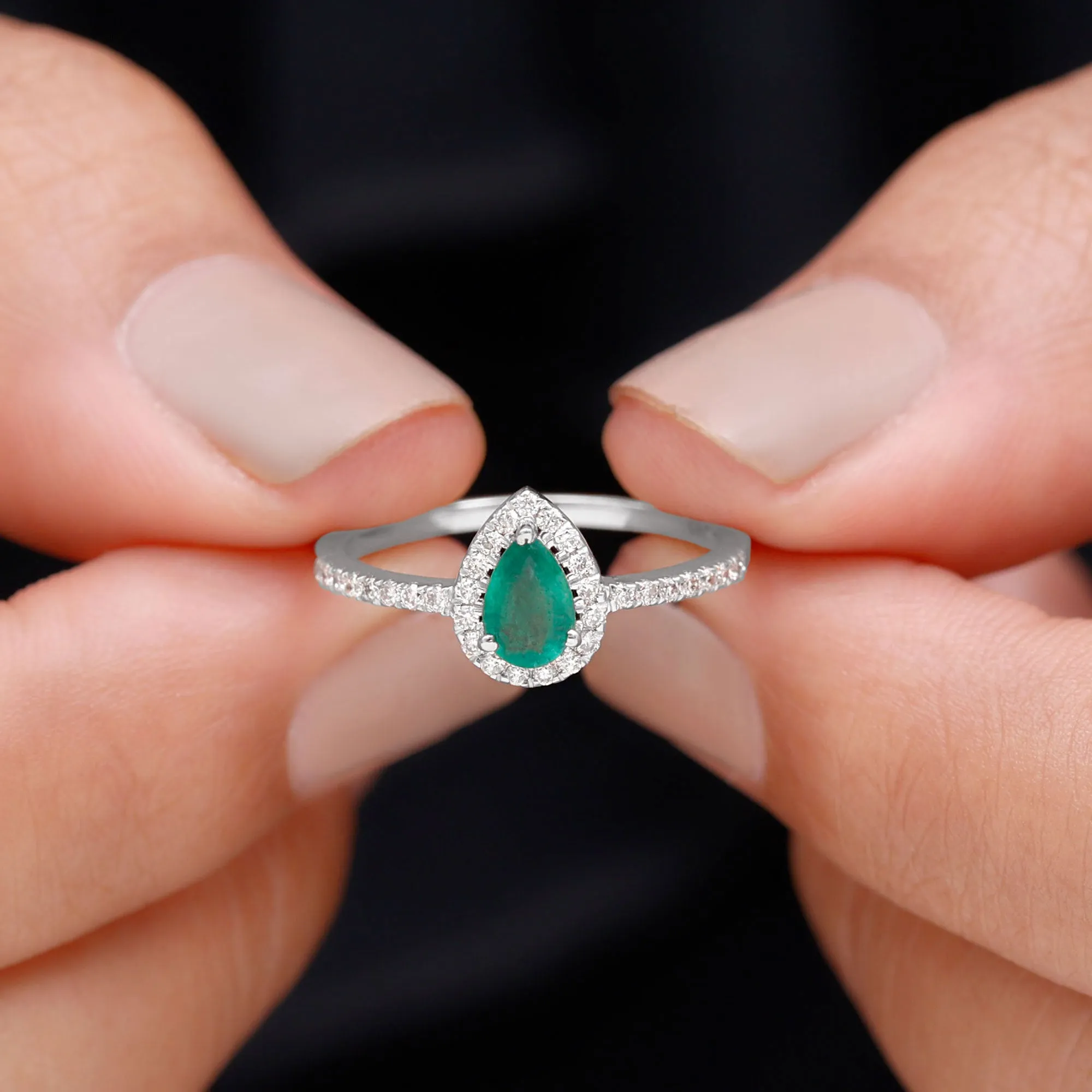 Natural Emerald Teardrop Halo Ring with Diamond