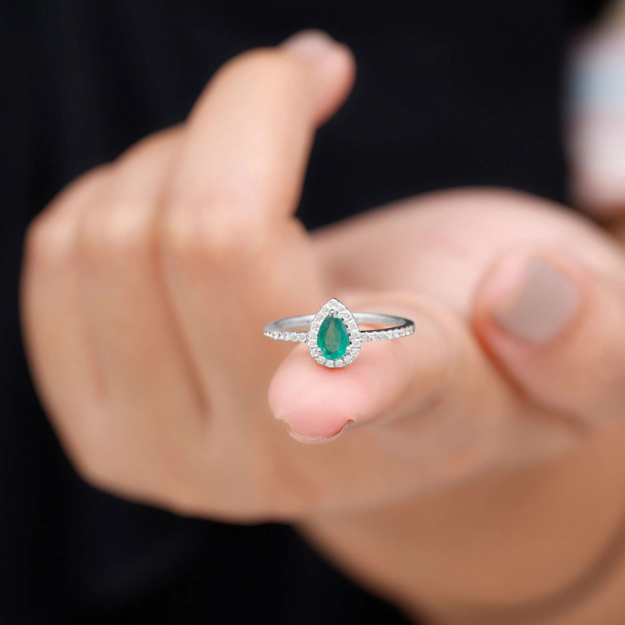 Natural Emerald Teardrop Halo Ring with Diamond