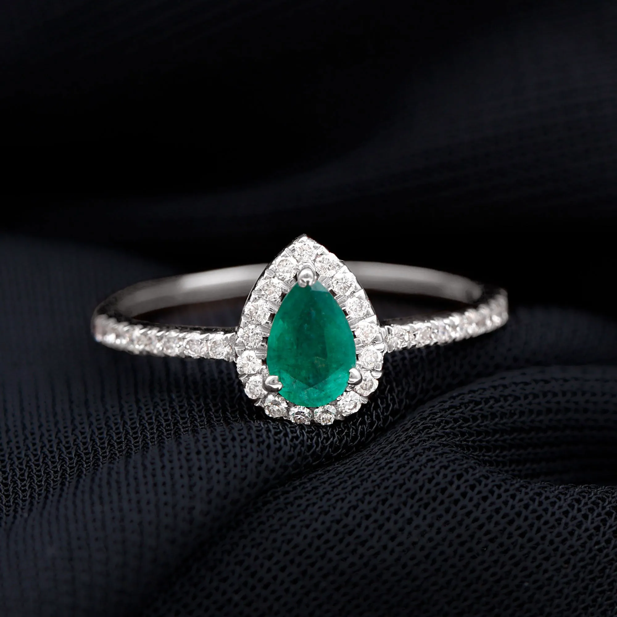 Natural Emerald Teardrop Halo Ring with Diamond
