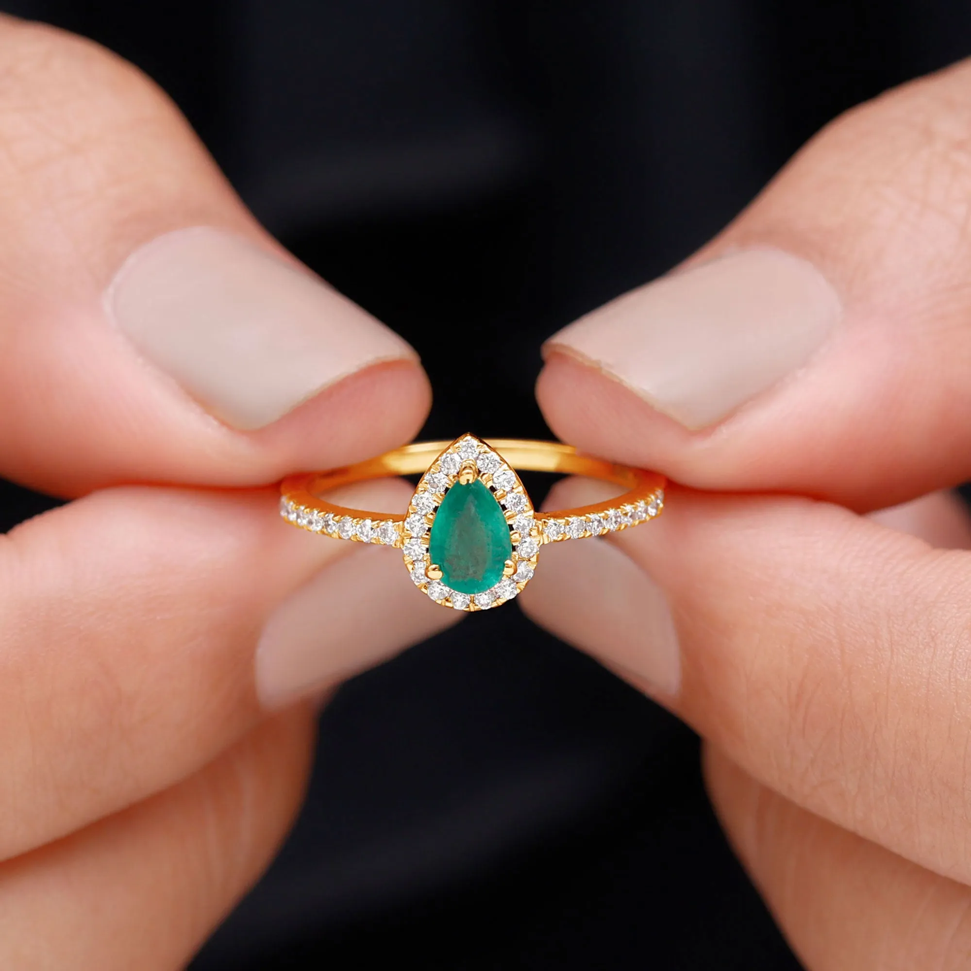Natural Emerald Teardrop Halo Ring with Diamond