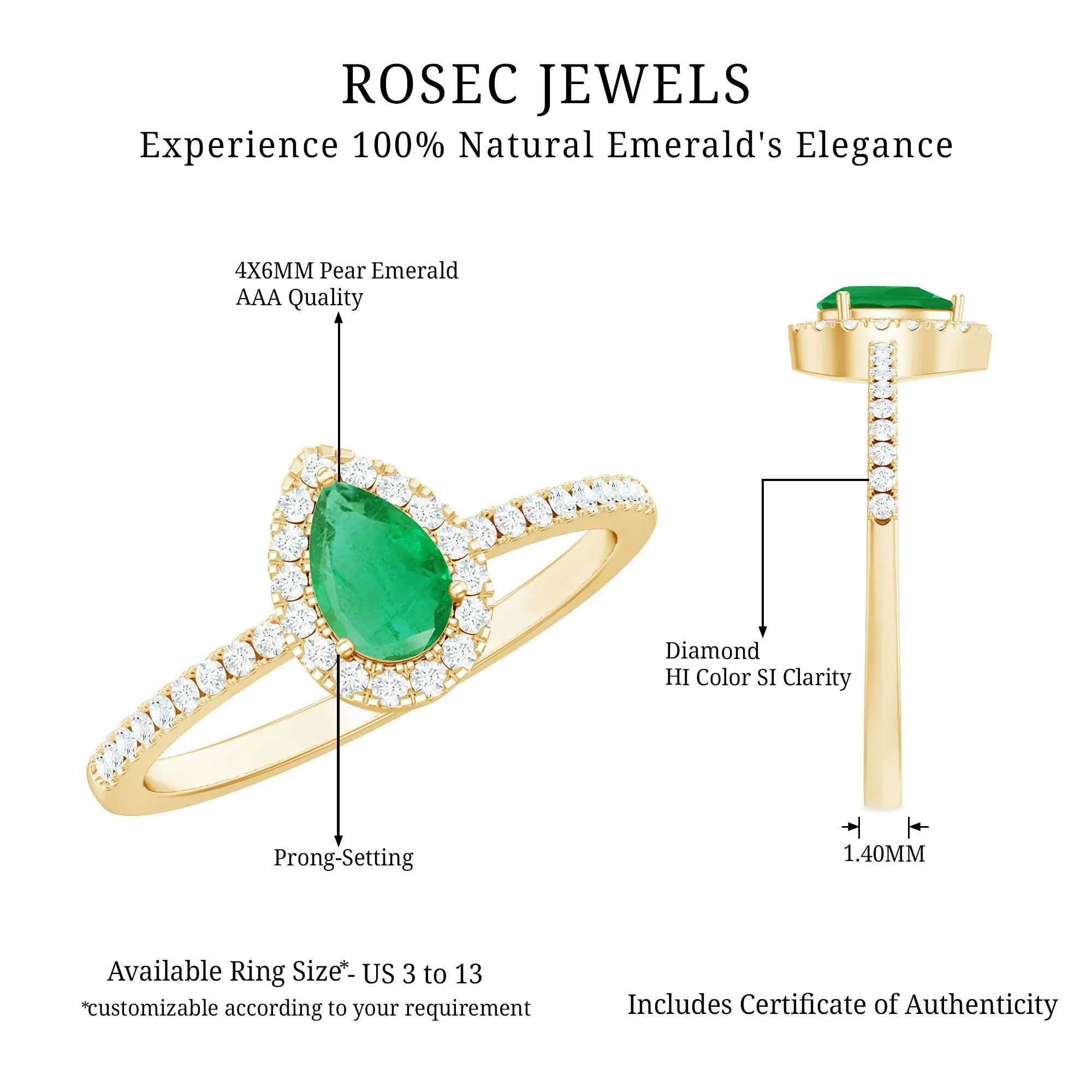 Natural Emerald Teardrop Halo Ring with Diamond