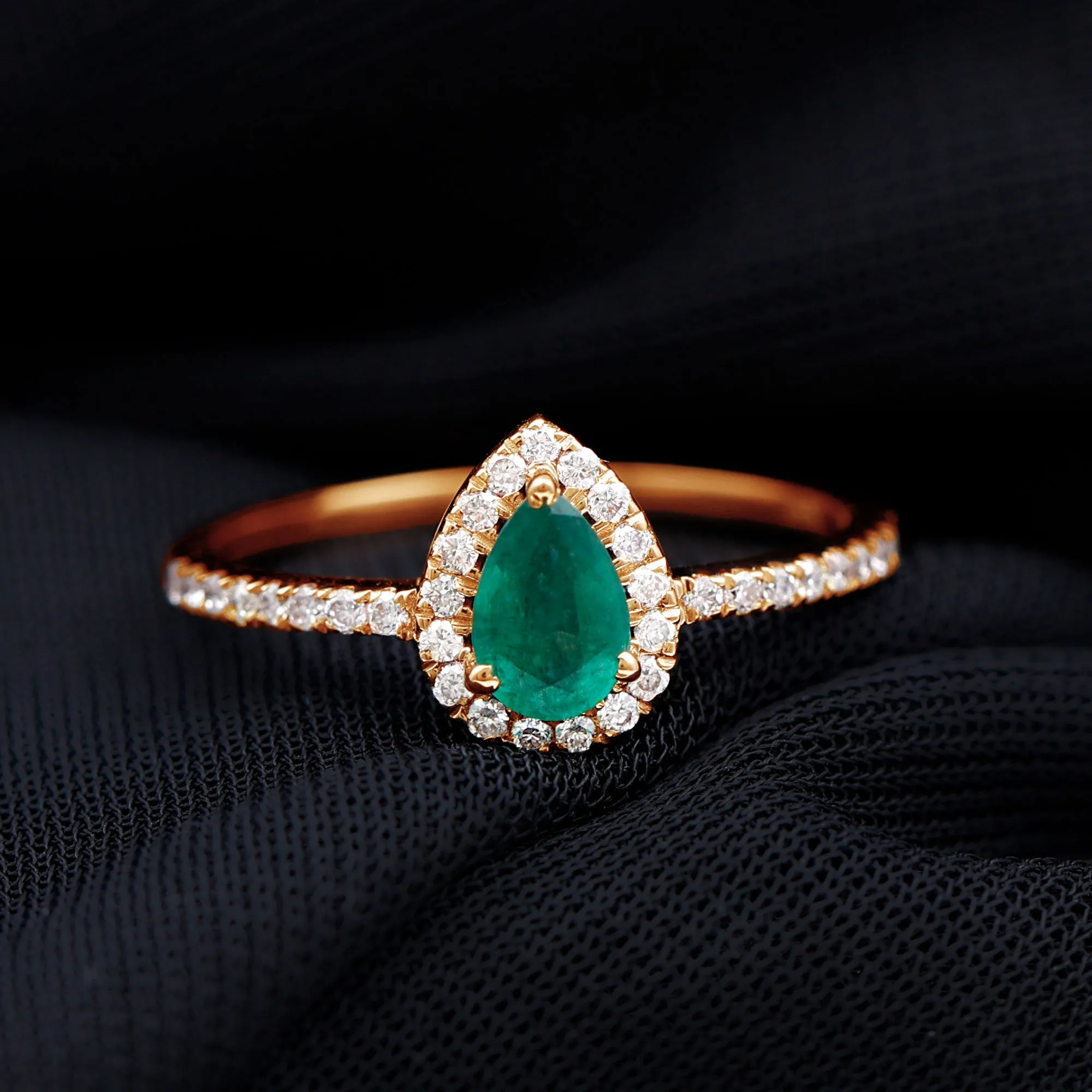 Natural Emerald Teardrop Halo Ring with Diamond