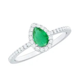 Natural Emerald Teardrop Halo Ring with Diamond