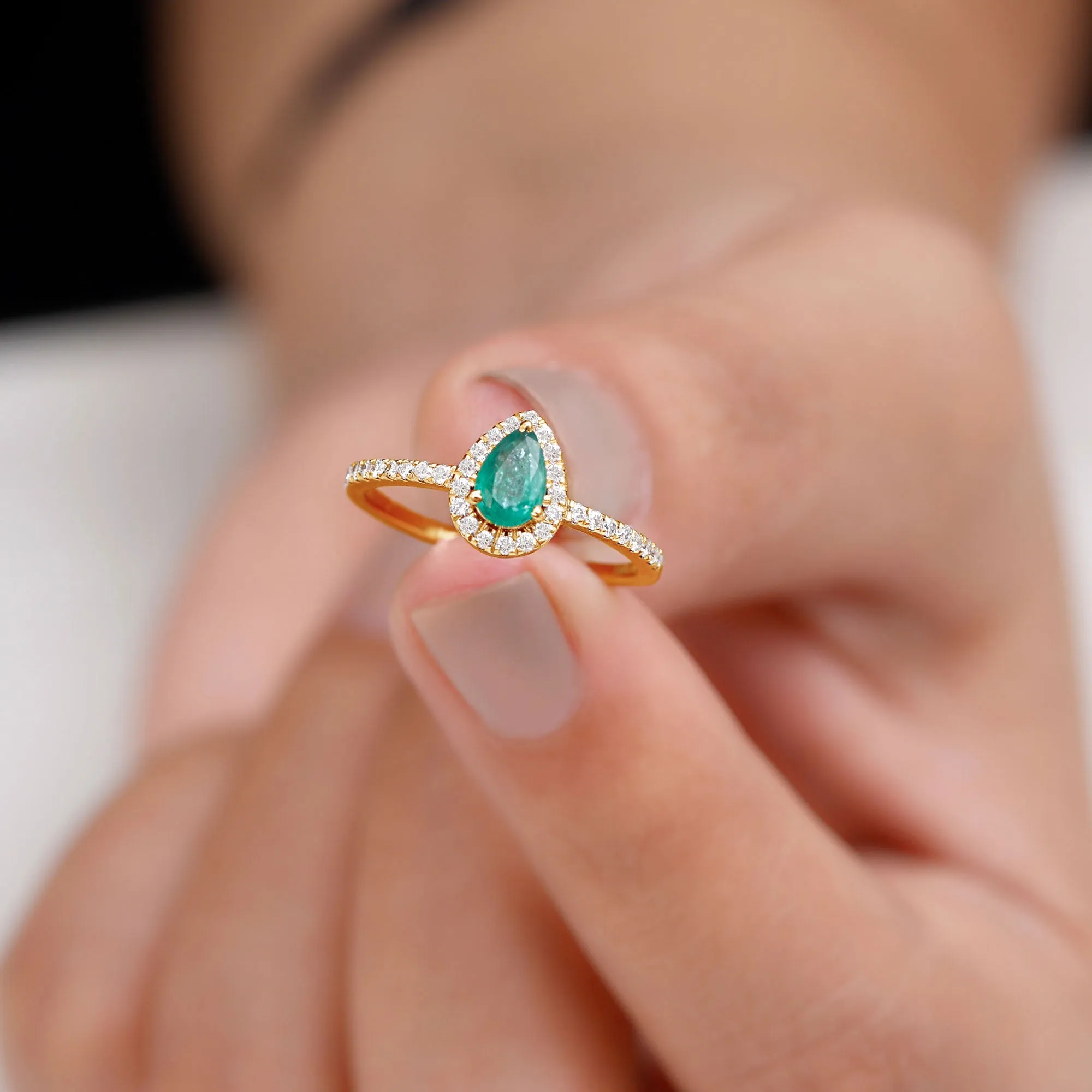Natural Emerald Teardrop Halo Ring with Diamond