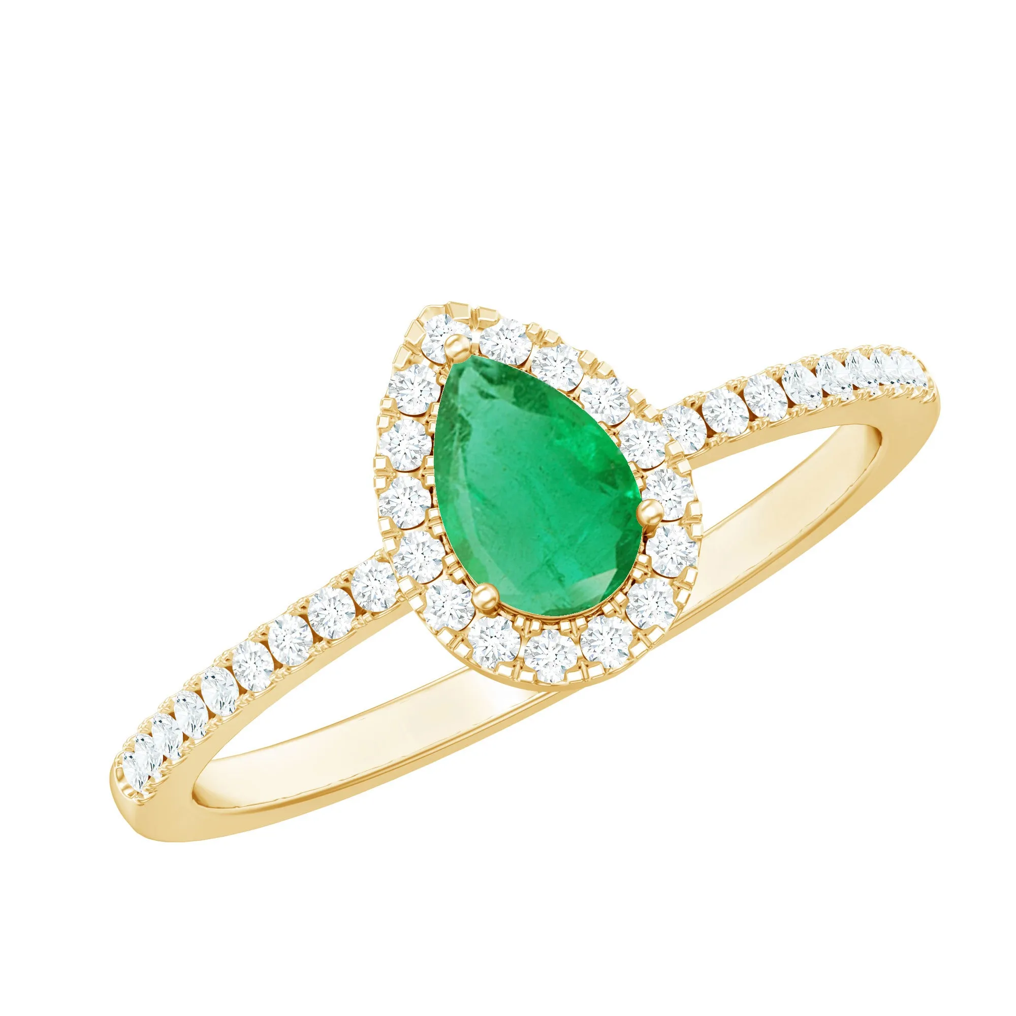 Natural Emerald Teardrop Halo Ring with Diamond
