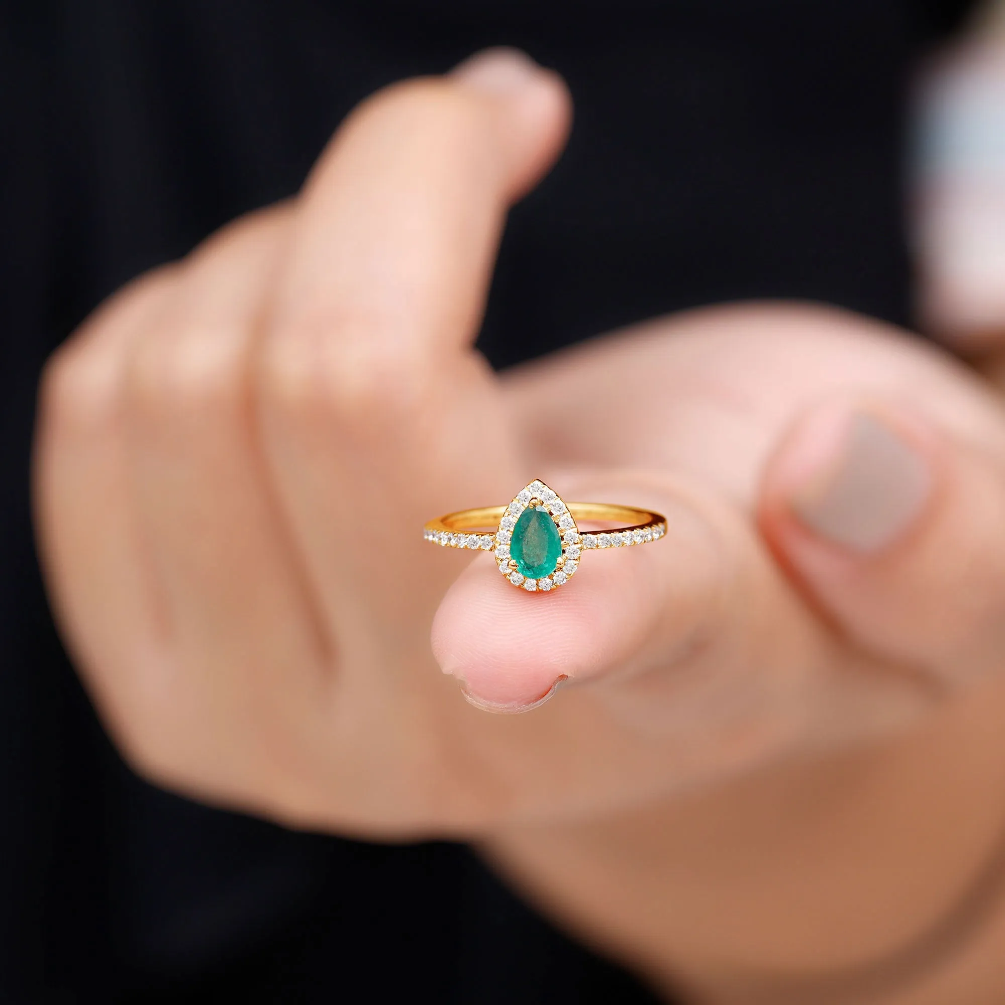 Natural Emerald Teardrop Halo Ring with Diamond