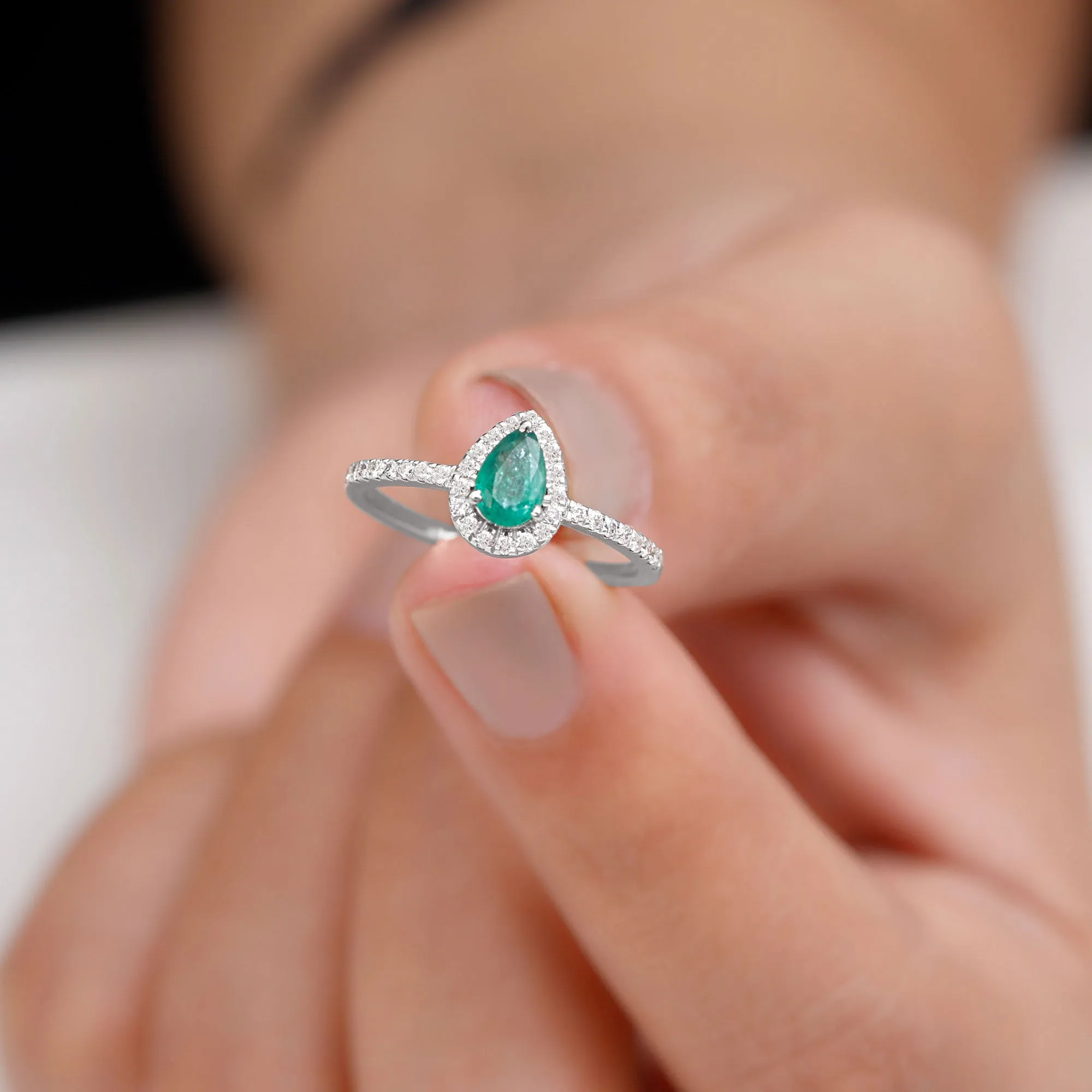 Natural Emerald Teardrop Halo Ring with Diamond