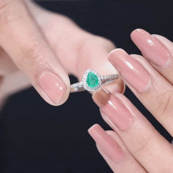 Natural Emerald Teardrop Halo Ring with Diamond