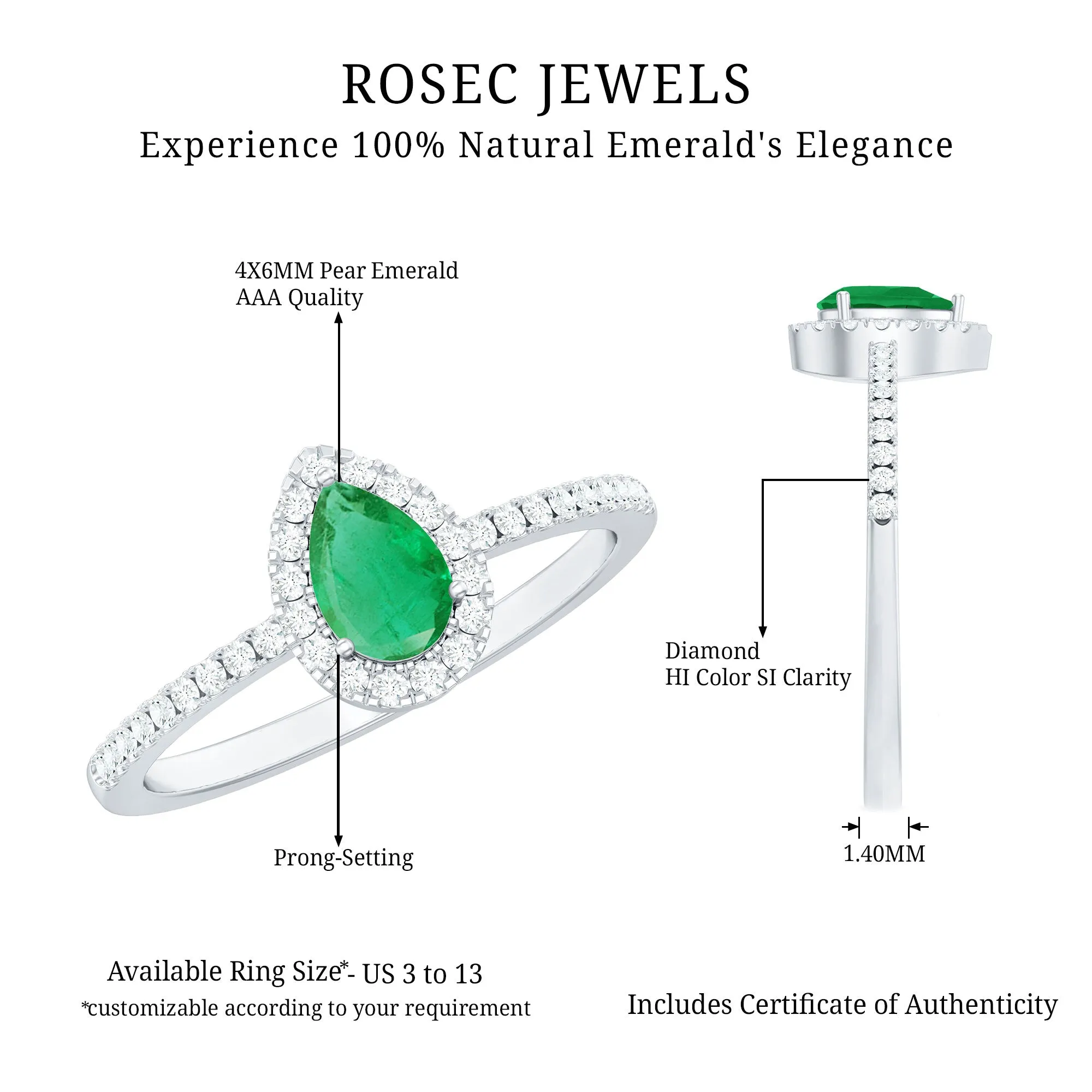 Natural Emerald Teardrop Halo Ring with Diamond