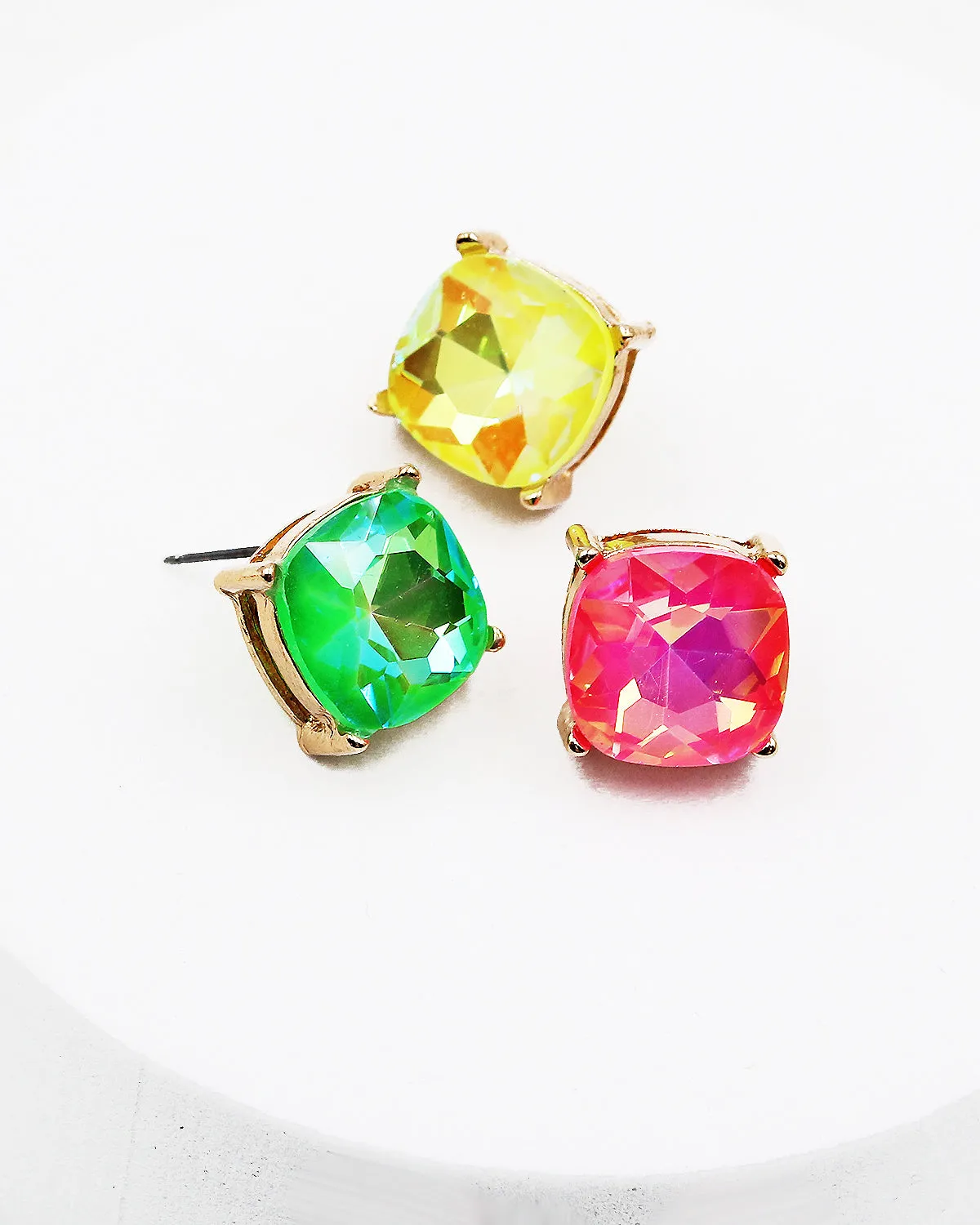 Neon Yellow Square Stone Stud Earrings