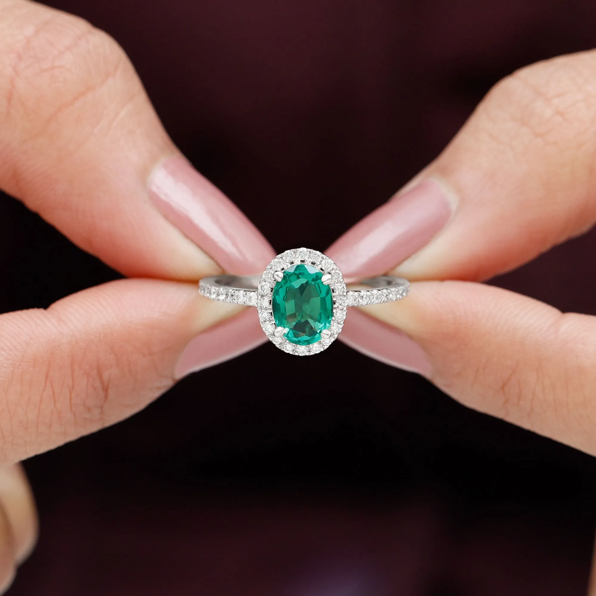 Oval Created Emerald Halo Engagement Ring with Diamond
