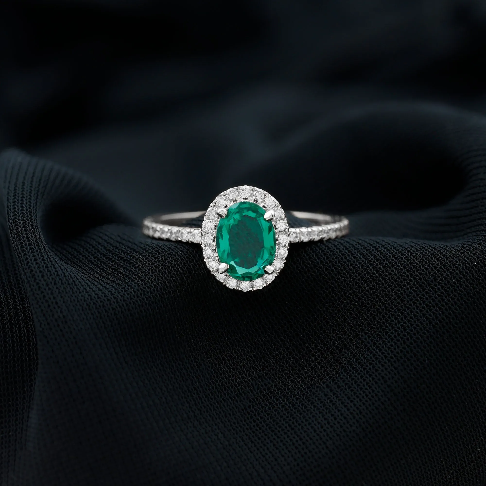 Oval Created Emerald Halo Engagement Ring with Diamond