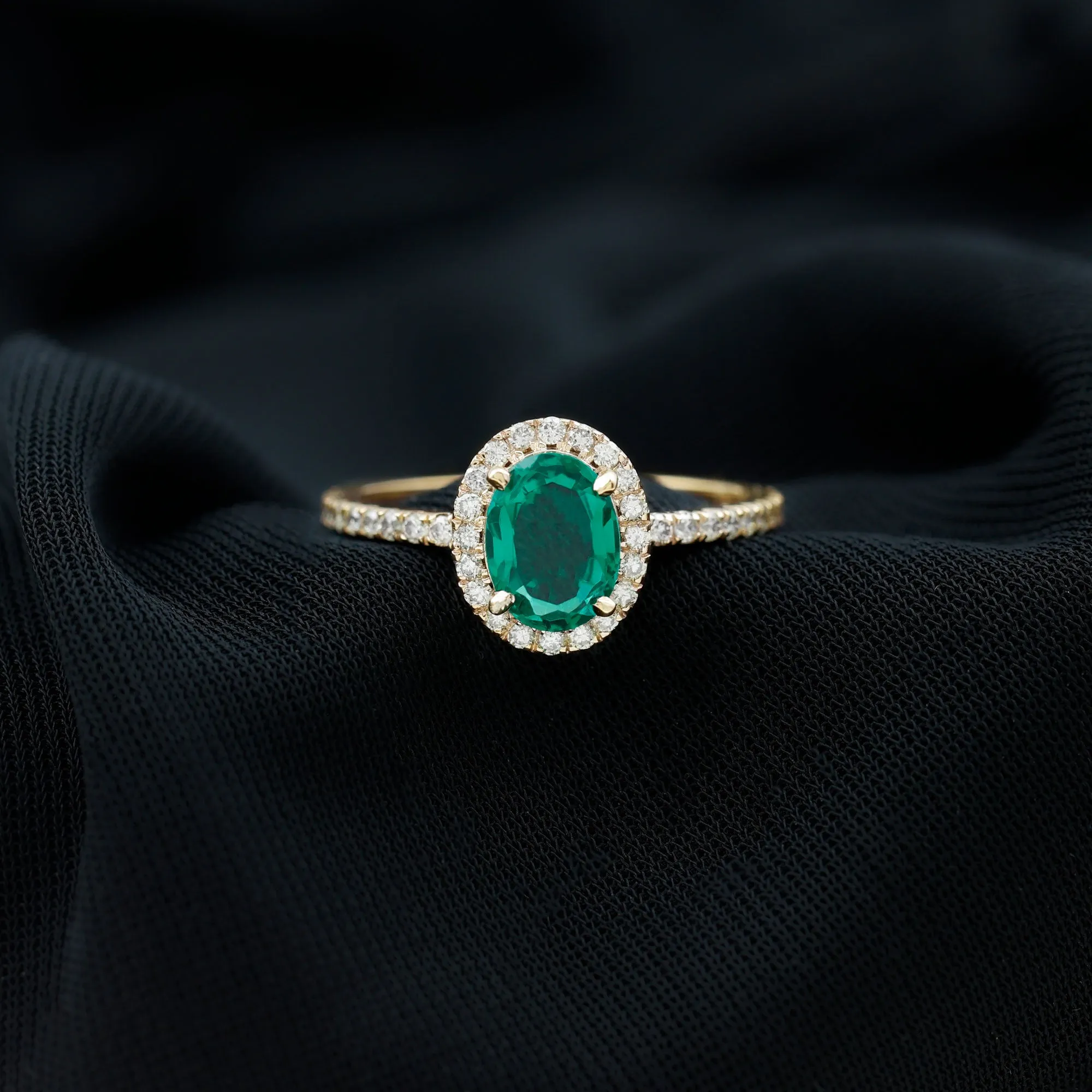 Oval Created Emerald Halo Engagement Ring with Diamond