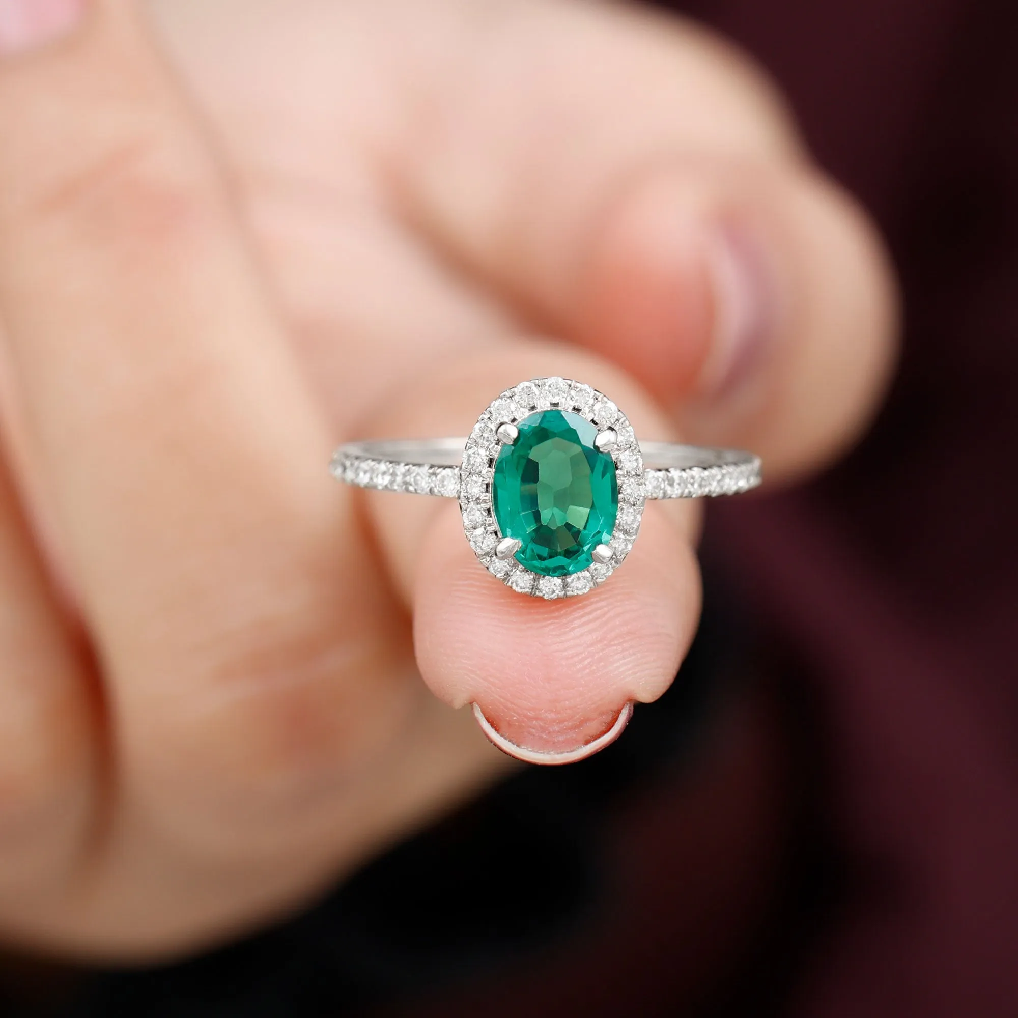 Oval Created Emerald Halo Engagement Ring with Diamond