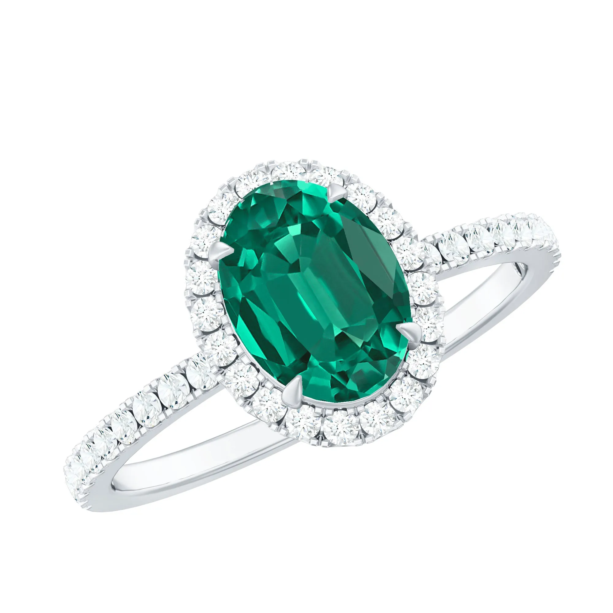 Oval Created Emerald Halo Engagement Ring with Diamond
